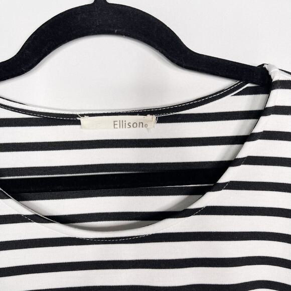 Ellison Medium Navy Blue White Striped Roll Tab Short Sleeve Sheath Dress Pocket - Picture 4 of 7